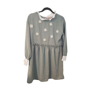YOCO Dress Womens Small Sage Green Long Sleeve Ruffle Collar Floral Applique